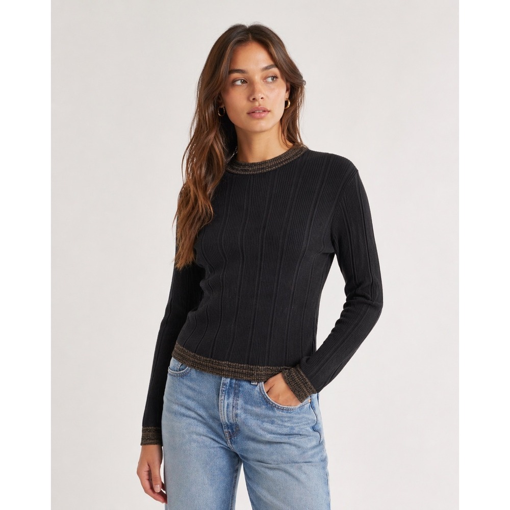 Ganni Womens Black Ribbed Knit Metallic Trim Long‎ Sleeve Sweater BJ.A 2467 XL